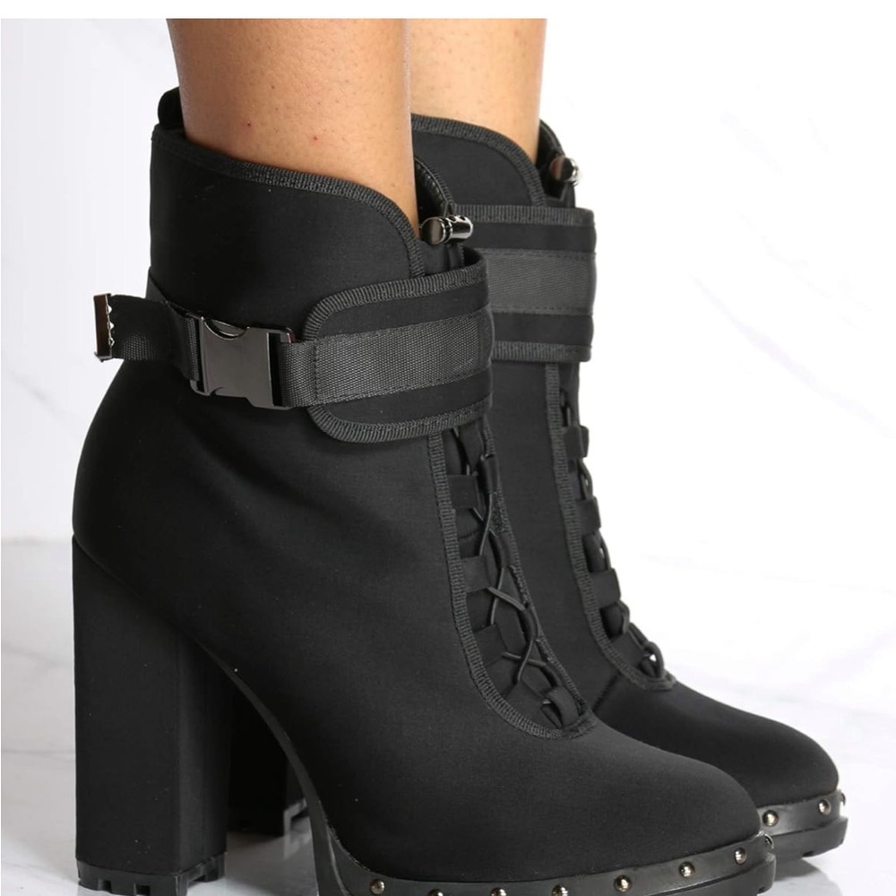 Womens Lycra Side Clip On Buckle Chunky Heel Bootie,Black Size 8.5 - Picture 3 of 12